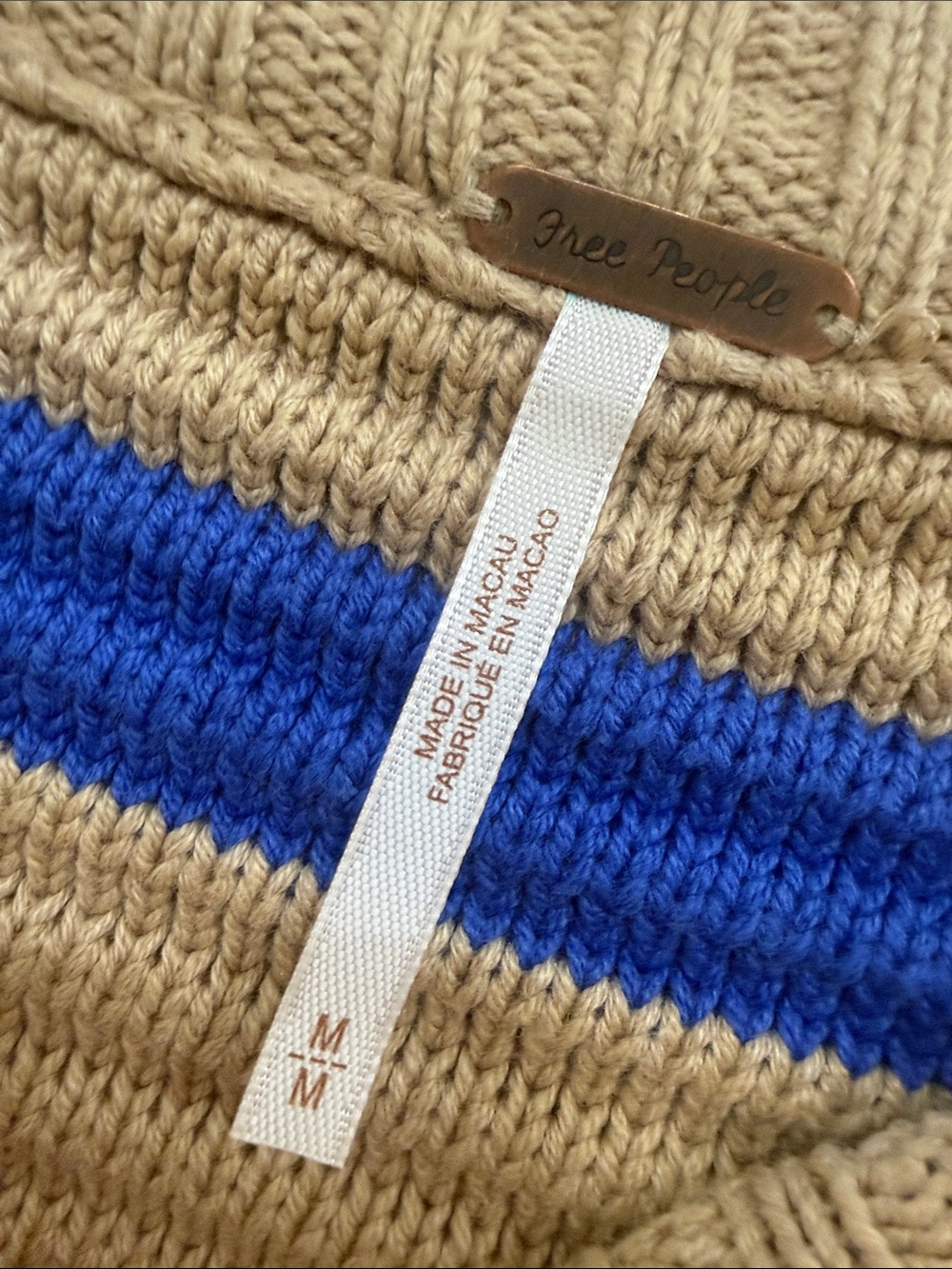 Free People Tan and Blue Striped Crewneck Sweater - Picture 2 of 4